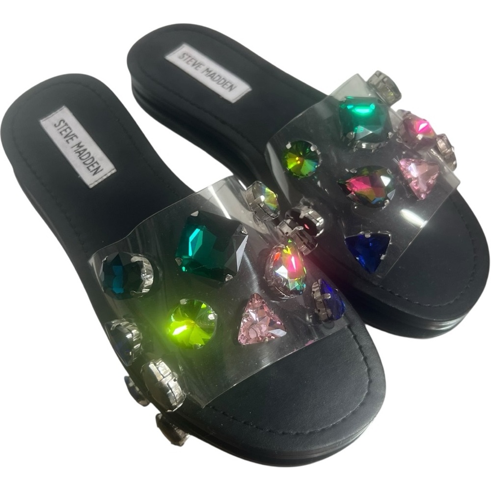 Steve Madden Black Slides with Multicolor Gems NIB Size 7.5 Rosalyn rhinestones